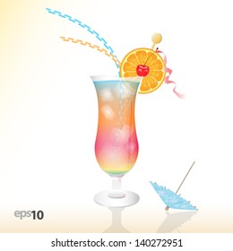 Tropical cocktail in glass with ice and umbrella