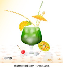 Tropical cocktail in glass with ice and umbrella