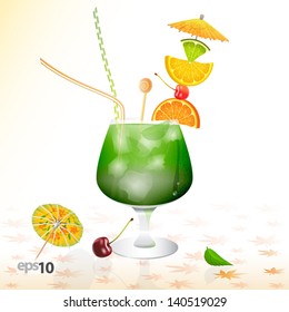 Tropical cocktail in glass with ice and umbrella