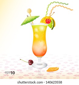 Tropical cocktail in glass with ice and umbrella