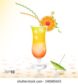 Tropical cocktail in glass with ice and umbrella