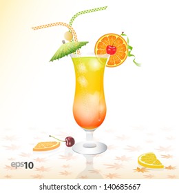 Tropical cocktail in glass with ice and umbrella
