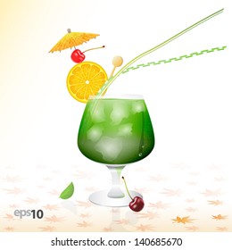 Tropical cocktail in glass with ice and umbrella