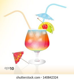 Tropical cocktail in glass with ice and umbrella