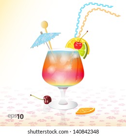 Tropical cocktail in glass with ice and umbrella