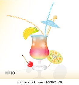 Tropical cocktail in glass with ice and umbrella