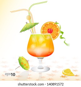 Tropical cocktail in glass with ice and umbrella