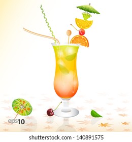 Tropical cocktail in glass with ice and umbrella