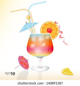 Tropical Cocktail In Glass With Ice And Umbrella