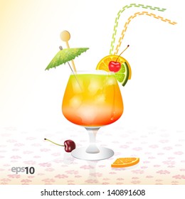 Tropical cocktail in glass with ice and umbrella