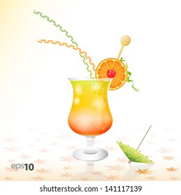 Tropical cocktail in glass with ice and umbrella