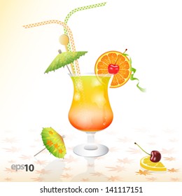 Tropical cocktail in glass with ice and umbrella
