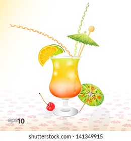 Tropical cocktail in glass with ice and umbrella