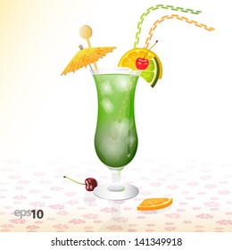 Tropical cocktail in glass with ice and umbrella