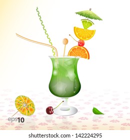 Tropical cocktail in glass with ice and umbrella