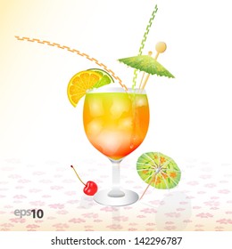 Tropical cocktail in glass with ice and umbrella