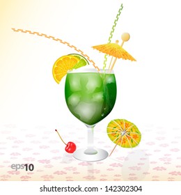 Tropical cocktail in glass with ice and umbrella