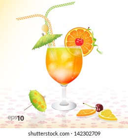 Tropical cocktail in glass with ice and umbrella