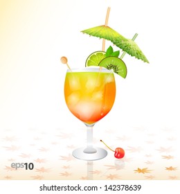 Tropical cocktail in glass with ice and umbrella