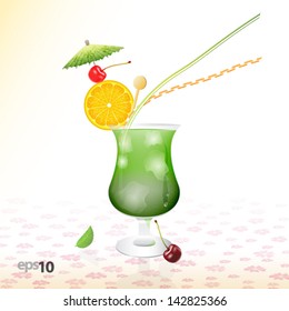 Tropical cocktail in glass with ice and umbrella