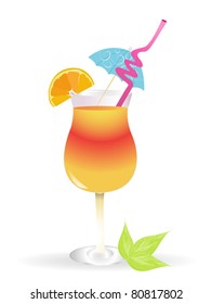 Tropical cocktail in glass isolated on white background with umbrella