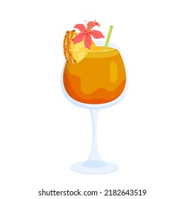 Tropical cocktail in glass with pineapple slice, exotic flower and straw vector illustration. Cartoon isolated cold summer drink from fresh ananas fruit and alcohol beverage, yellow sweet cocktail