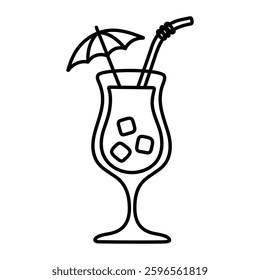 Tropical cocktail glass vector illustration. Summer drink with straw, umbrella, and ice cubes in doodle style. Black line art isolated on white background.