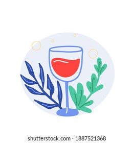 Tropical cocktail. Hand drawn exotic cold alcoholic beverage on palm leaves background, minimal style bar drinks decoration, doodle trendy poster, vector illustration isolated on white background