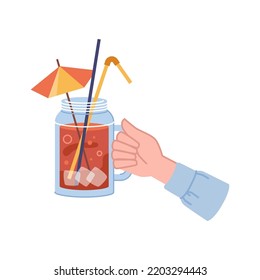 Tropical cocktail in hand of man or woman isolated flat cartoon vector illustration. Alcohol drink in glass jar with handle decorated by umbrella, bartender cheers with refreshing beverage