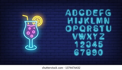 Tropical cocktail neon sign. Fizzy alcohol drink with straw on dark brick wall background. Night bright advertisement. Vector illustration in neon style for beach bar or restaurant