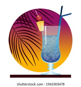 Tropical cocktail on the background of the sunset. Vector illustration.