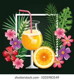 tropical cocktail with orange fruit and decoration floral