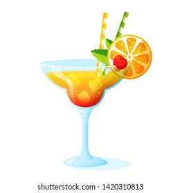 Tropical cocktail with orange slice, cherry and straws. A glass of summer refreshing drink isolated on white background. Vector illustration.