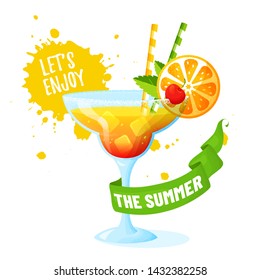 Tropical cocktail with orange slice and cherry. Let's enjoy the summer! Vector illustration isolated on white background. Modern banner with refreshing drink, ribbon and juice splashes.