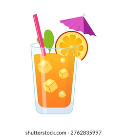 Cóctel tropical con rebanada de naranja, cubitos de hielo y paraguas en estilo plano como bebida refrescante de verano