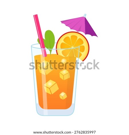 Tropical cocktail with orange slice, ice cubes and umbrella in flat style as a refreshing summer drink