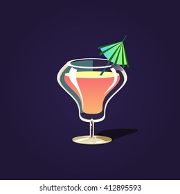 Tropical Cocktail Outlined Flat Vector Sticker In Cartoon Design Isolated On Dark Background