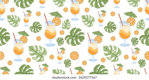  tropical cocktail pattern with orange slices, green umbrellas, and monstera leaves, perfect for summer party decorations, beach bar menu designs, vacation wrapping paper, and exotic drink backgrounds