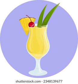 Tropical cocktail Pina Colada. Bright, juicy drink with pineapple and cherry. Vector illustration.