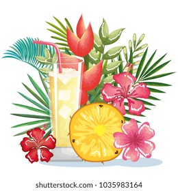 tropical cocktail with pineapple fruit and decoration floral