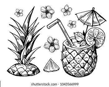 Tropical cocktail in pineapple. Hand drawn vector illustration