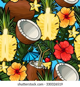 Cóctel tropical y fondo vectorial transparente de piña