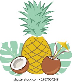 Tropical cocktail. pineapple-coconut smoothie with straw and umbrella.Tropical pineapple and coconut cocktail on monstera leaves background