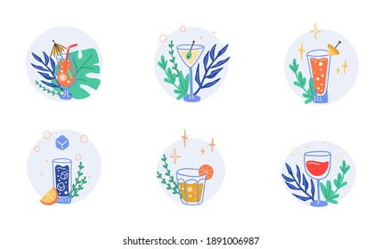 Tropical cocktail poster set. Hand drawn exotic cold alcoholic beverage on palm leaves background, minimal style bar drinks decoration, doodle trendy vector illustration isolated on white background