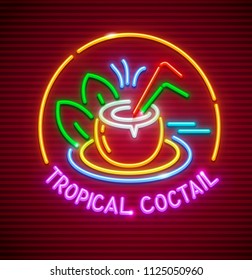 Tropical cocktail refreshing drink in coconut. Neon icon sign for beach bar. EPS10 vector illustration.