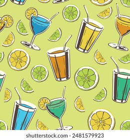 Tropical Cocktail Seamless Pattern with Lemon Illustration