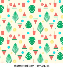 Tropical cocktail seamless pattern with palm leaves, watermelon and lemons.Vector natural background design for web, print, textile, fabric and wrapping.