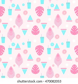 Tropical cocktail seamless pattern with palm leaves, watermelon and lemons.Vector natural background design for web, print, textile, fabric and wrapping.