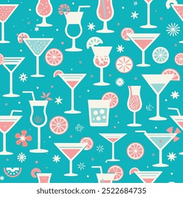 Tropical Cocktail Seamless Pattern with Refreshing Drinks and Citrus Slices in a Fun Retro Style on Teal Background in Vector Format for Digital and Print Projects