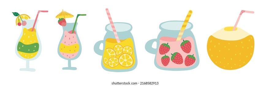 Tropical cocktail set. Collection of fresh fruits cocktails on white background.  Set of tasty fresh squeezed juices.